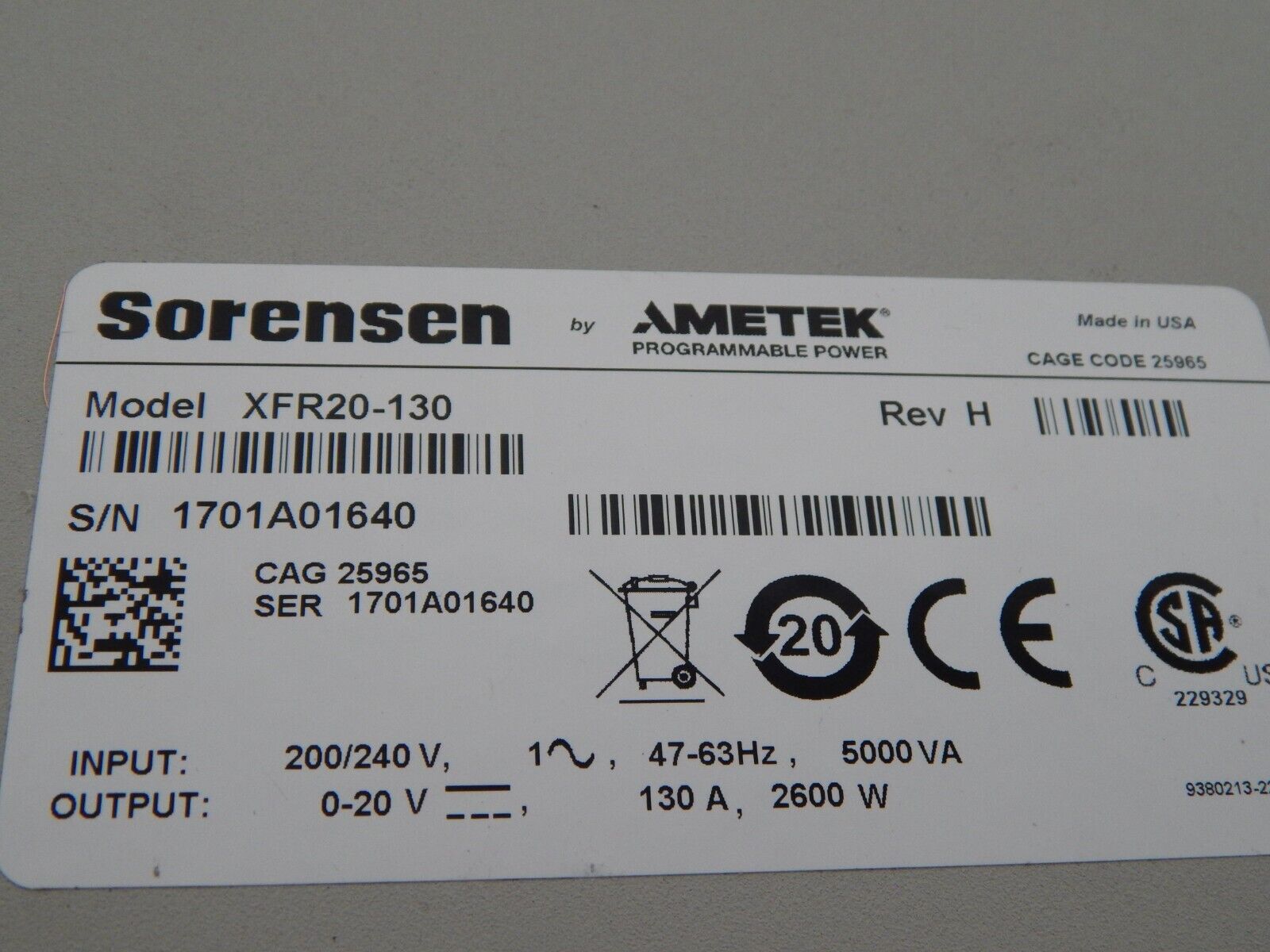 Xantrex XFR20-130 DC Power Supply, 20V, 130A, 2600W Xantrex XFR20-130 DC Power Supply, 20V, 130A, 2600W